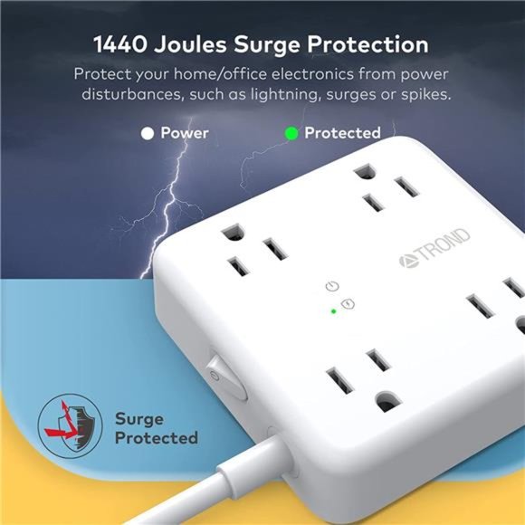 Power Strip Surge Protector -Ultra Thin Flat Extension Cord 5ft w/ 4 USB Port - Picture 4 of 6